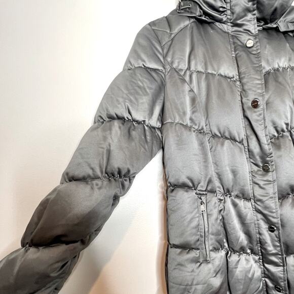 Bebe Dark Silver Titanium Hooded Puffer Winter Coat Size Medium - Picture 3 of 10